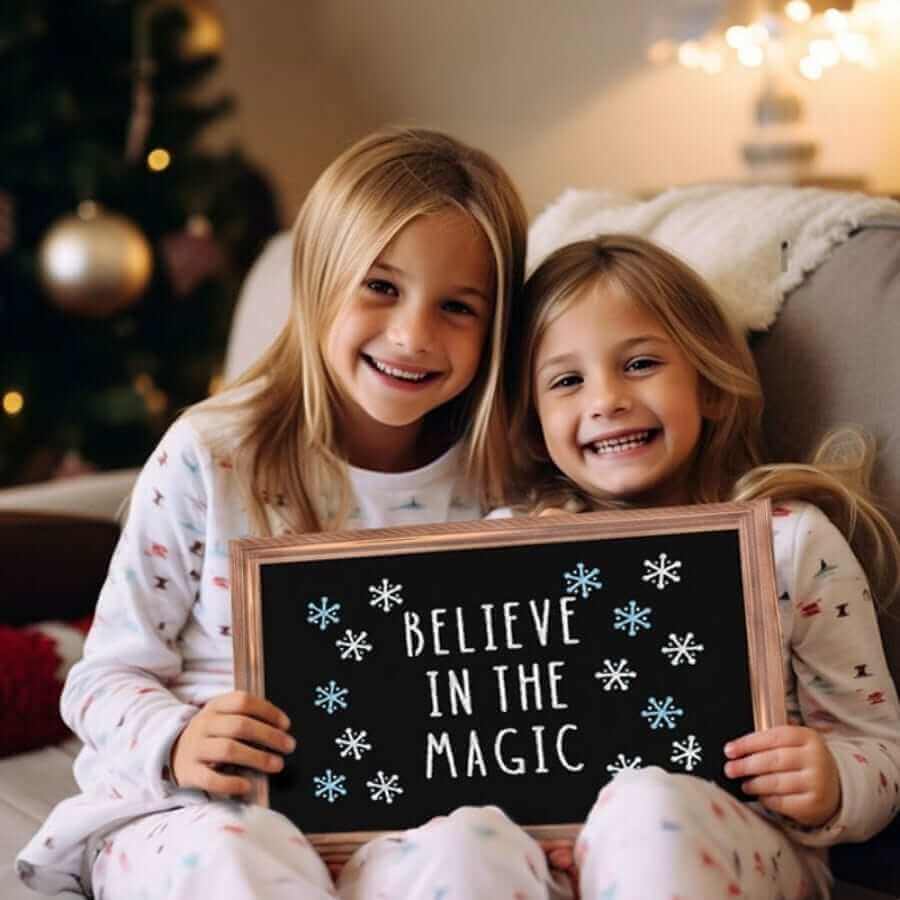 Two young girls wearing matching Christmas pajamas holding a framed chalk board with stenciled Christmas chalk art &quot;believe in the magic&quot; surrounded by blue and white snowflakes