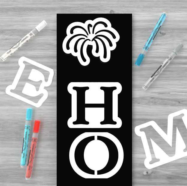 Firework magnetic chalkboard stencil for creating 4th of July Chalkboards and patriotic vertical porch signs with Plata Porch Chalkboard DIY sign kits
