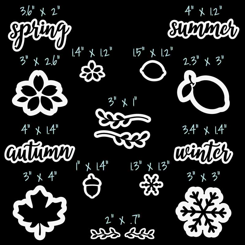 Sizes  magnetic Seasonal Calligraphy stencils for whiteboards and chalkboards, word stencils &#39;spring&#39; 3.6&quot; x 2&quot;, &#39;summer&#39; 4&quot; x 1.2&quot;, &#39;autumn&#39; 4&quot; x 1.4&quot;, &#39;winter&#39; 3.4&quot; x 1.4&quot;, large flower stencil: 3&quot; x 2.6&quot;, small flower stencil: 1.4&quot; x 1.2&quot;, large lemon stencil: 2.3&quot; x 3&quot;, small lemon stencil: 1.5&quot; x 1.2&quot;, large maple leaf stencil: 3&quot; x 4&quot;, acorn stencil: 1&quot; x 1.4&quot;, large snowflake stencil: 3&quot; x 3&quot;, small snowflake stencil: 1.3&quot; x 1.3&quot;, 2 laurel stencils: 3&quot; x 1&quot;, 2 vine stencils: 2&quot; x .7&quot;
