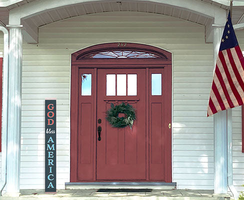'God Bless America' welcome sign chalkboard, crafted with letter stencils for a DIY porch sign