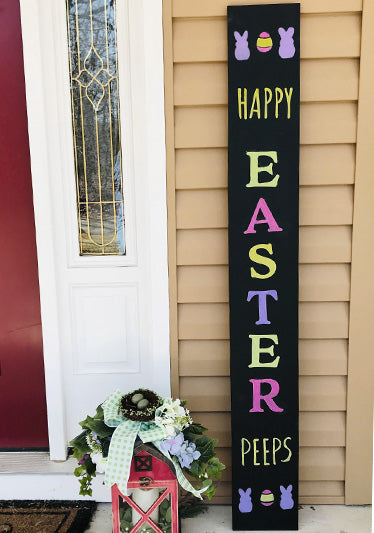 "Happy Easter Peeps" porch leaner Easter sign, handcrafted on a large frameless chalkboard using magnetic letter stencils and chalkmarkers