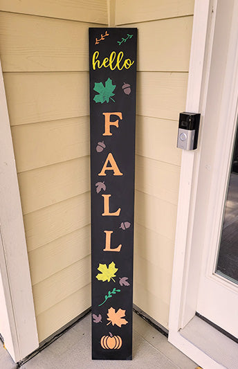 "Hello Fall" fall welcome sign for front porch, crafted with a magnetic letter stencils, leaf stencils, pumpkin stencil with liquid chalk markers on a large magnetic chalkboard