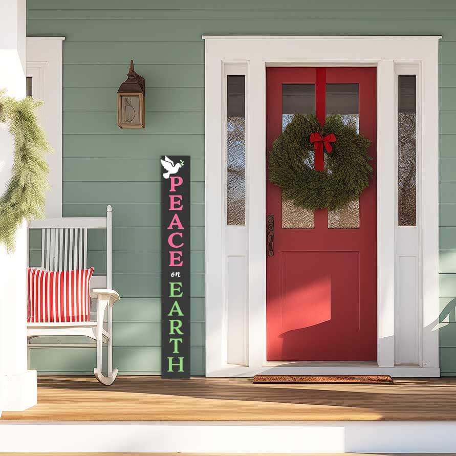 Peace on Earth Christmas Welcome Sign Porch Chalkboard sign crafted with Plata Chalkboards magnetic chalkboard letter stencils and dove peace stencil