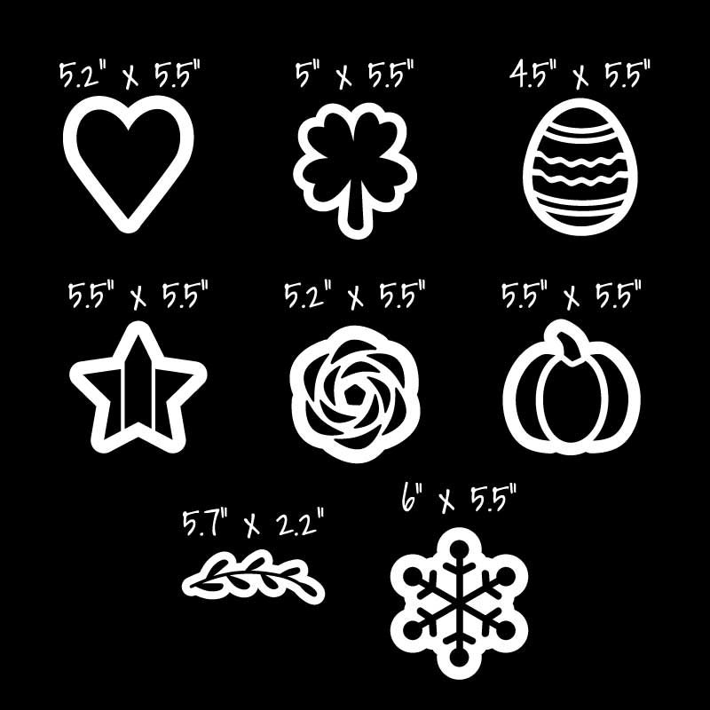 Sizes of Holiday chalkboard stencils: heart stencil  5.2&quot; x 5.5&quot;, shamrock stencil 5&quot; x 5.5&quot;, Easter Egg stencil 4.5&quot; x 5.5&quot;, star stencil 5.5&quot; x 5.5&quot;, flower stencil 5.2&quot; x 5.5&quot;, pumpkin stencil 5.5&quot; x 5.5&quot;, snow flake stencil 6&quot; x 5.5&quot;, laurel stencil 5.7&quot; x 2.2&quot;
