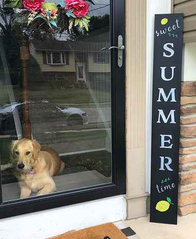 DIY sign 'Sweet Summer Time' outdoor chalkboard sign with lemon decorations, crafted on a Plata Porch Chalkboard using chalkboard stencils