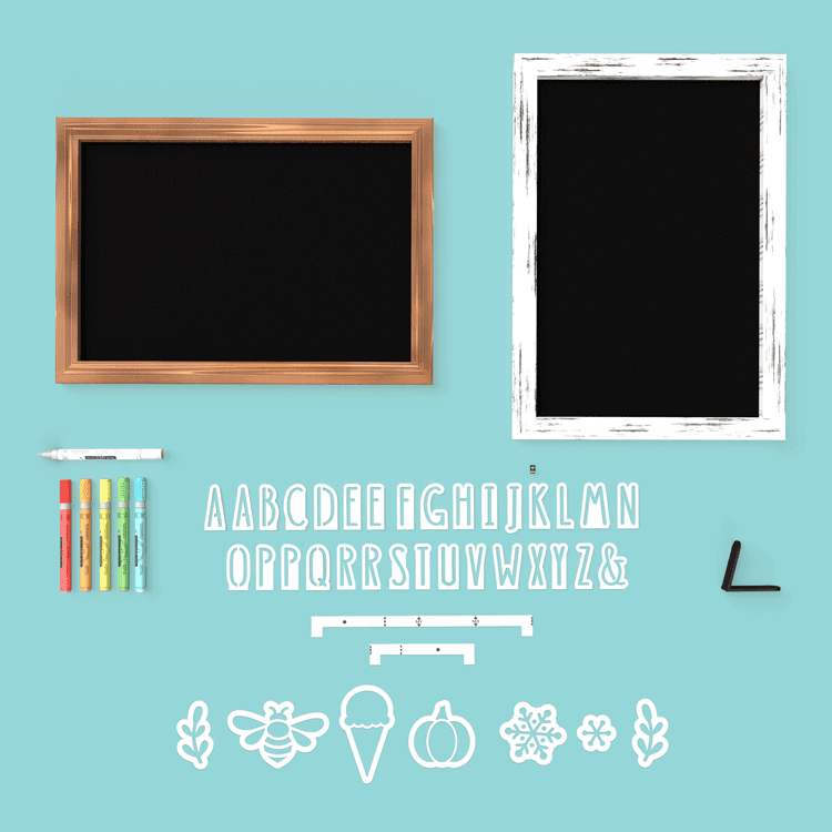 Overview of Plata framed magnetic chalkboard sign DIY sign craft kit- 12&quot; x 17&quot; wood framed chalkboard,  magnetic letter stencils, seasonal chalkboard stencils, 6 chalk markers, chalkboard stand and chalkboard eraser, shown with  farmhouse white frame and rustic pine framed chalkboard