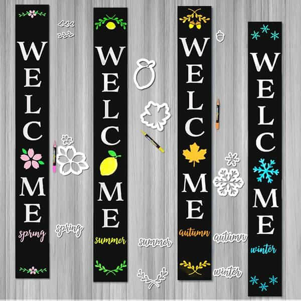 4 Plata Porch chalkboards decorated for every season using Plata Seasonal Calligraphy Stencil Pack. Welcome Spring Sign, Welcome Summer Sign, Welcome Autumn Sign, Welcome Winter Sign 