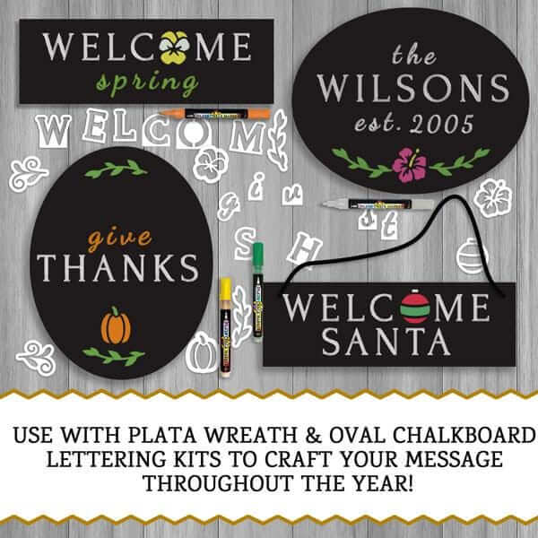 A collection of Plata Chalkboard Signs decorated with seasonal chalkboard stencils. Welcome Spring hanging chalkboard sign, Welcome Santa Hanging Chalkboard Sign, Oval Last Name Door Sign and Give Thanks Oval Door sign all crafted with magnetic design chalkboard stencils. Stencils for signs include flower stencils, ornament stencils, laurel stencils and pumpkin stencils.