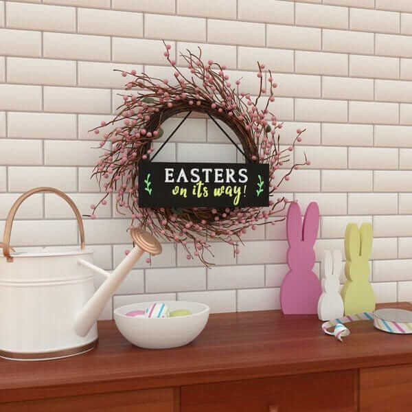 Easters on it&#39;s way Easter wreath sign Chalkboard. Hanging chalkboard sign on wreath on wall. Easter Chalkboard sign