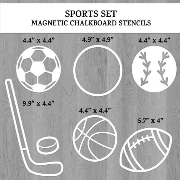 Sports stencils for chalkboards and whiteboards with soccer stencil 4.4&quot; x 4.4&quot;, basketball 4.5&quot; x 4.5&quot;, stencil 5&quot; x 5&quot;, baseball: 5&quot; x 5&quot;, football stencil: 5.5&quot; x 4&quot;,, hockey stick stencil: 10&quot; x 4.5&quot;, puck stencil: 4&quot; x 4&quot;