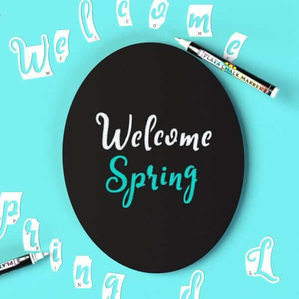 Welcome Spring chalkboard sign, beautiful chalkboard calligraphy crafted with easy magnetic cursive letter stencils 