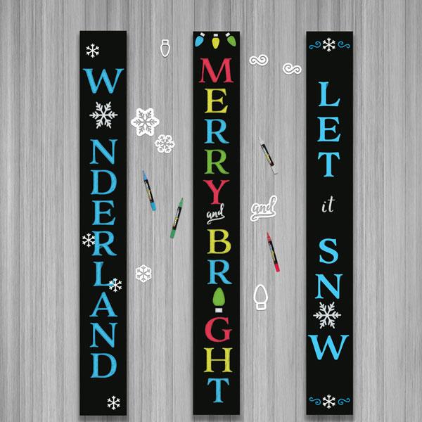 Three Plata Porch Chalkboards DIY Signs decorated using Winter Holiday Chalkboard Stencils. Winter Wonderland Vertical Sign, Merry and Bright Vertical Sign and Let it Snow Chalkboard Vertical Sign