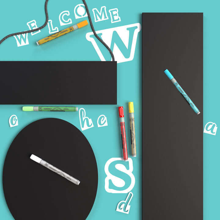 Plata Chalkboards collection of outdoor magnetic chalkboard signs and stenciling kits. Includes 5 foot vertical porch chalkboard sign, hanging chalkboard sign and oval chalkboard sign. All craft kits include magnetic letter stencils and 6 markers to creat