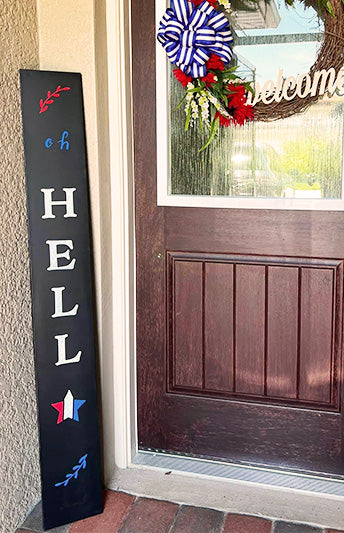 Patriotic DIY welcome sign, 'Hello' with red, white and blue star, 4th of July chalk art