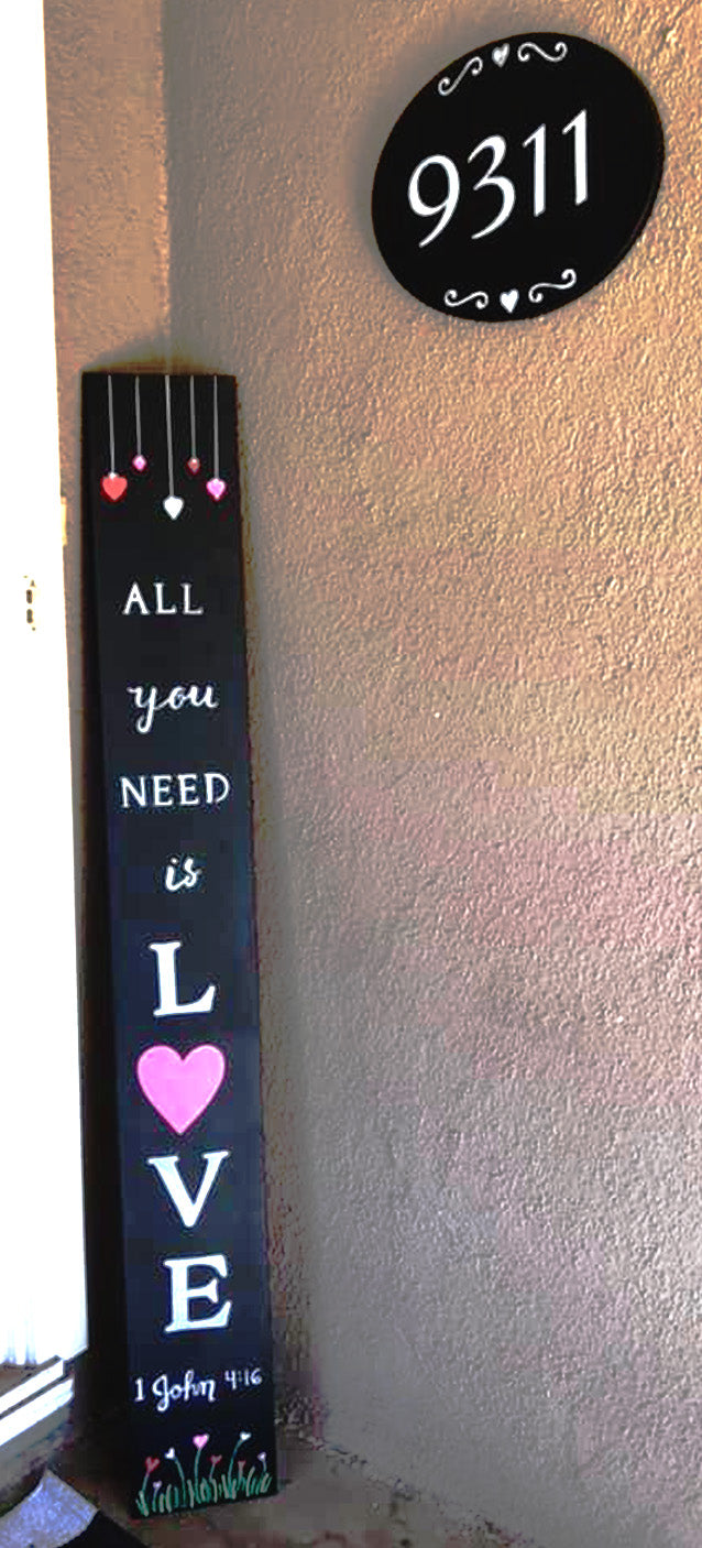 All You Need is Love chalkboard sign for Valentines day UGC, customer mixes cursive letter stencils and capital letter stencils to create a beautiful homemade door sign painted in red, pink and white