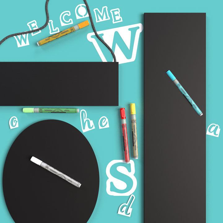 Plata outdoor Chalkboard collection: frameless, magnetic porcelain coated hanging chalkboard, oval chalkboard and 5 ft large chalkboard 