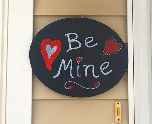 Be Mine Valentine's Day chalkboard art crafted with waterproof erasable paint pens
