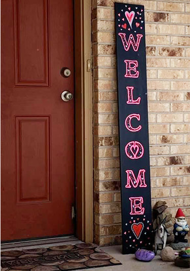 Valentine's Day tall outdoor welcome sign chalkboard next to front door stenciled with decorative letter stencils