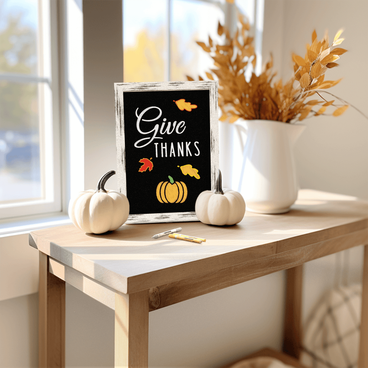 Give Thanks Thanksgiving chalkboard sign crafted with Plata Chalkboards framed chalkboard and magnetic letter stencils craft kit for DIY Thanksgiving sign