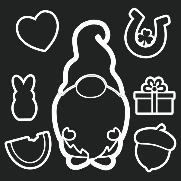Gnome Stencil shown with changeable stencil designs for each season- heart stencil, shamrock horseshoe stencil, easter peep stencil, acorn stencil, watermelon stencil and Christmas present stencil for crafting seasonal chalkboard messages 