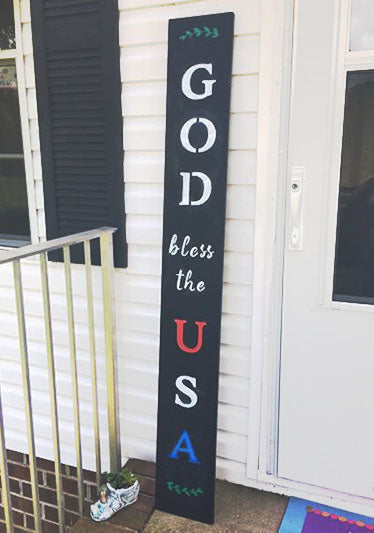 'God Bless the USA' large 4th of july porch sign chalkboard crafted with letter stencils and star stencils for DIY summer decor