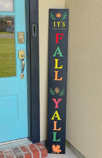 "It's Fall Y'All" Farmhouse welcome sign created with a vertical chalkboard, large painting stencils and fall stencils to create a custom welcome sign- UGC 