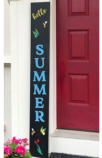 Hello summer porch sign with flowers, butterflies and bees, crafted on a large chalkboard using design stencils and chalk markers