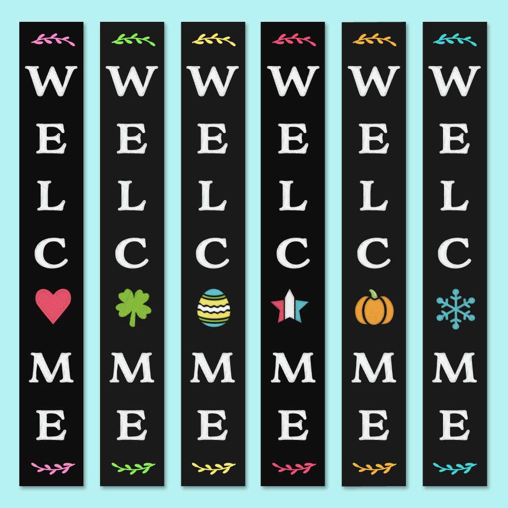 6 large vertical welcome signs with the &#39;O&#39; in welcome replaced with a holiday or seasonal design to make an interchangeable porch welcome sign