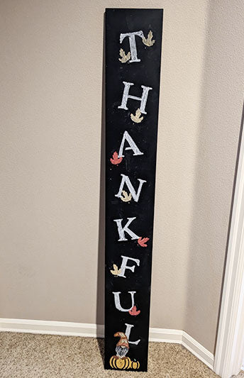 "Thankful" vertical welcome sign crafted with large chalkboard, large letter templates, maple leaf stencils- UGC