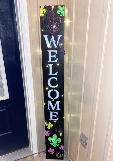 Mardi Gras Welcome Sign Chalkboard crafted from Plata Chalkboards Craft Kits with magnetic chalkboard letter stencils, acrylic paint pens chalkboard with fleur de lis 