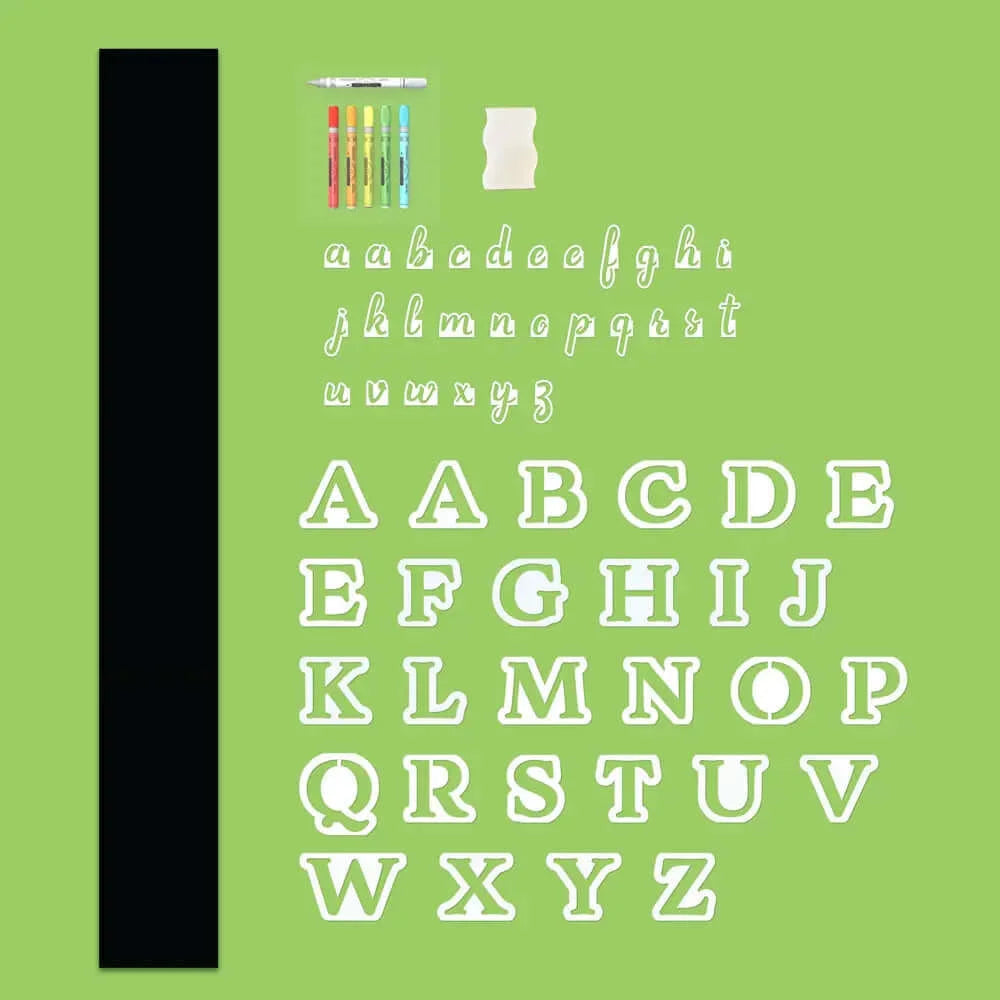 Overview of everything included in Plata Porch Chalkboard DIY Sign Kit- 58" x 7.5" outdoor chalkboard sign, magnetic alphabet of 4" capital letter stencils, magnetic alphabet of cursive letter stencils, 6 waterproof erasable chalkboard markers and chalkboard eraser for easy DIY welcome signs