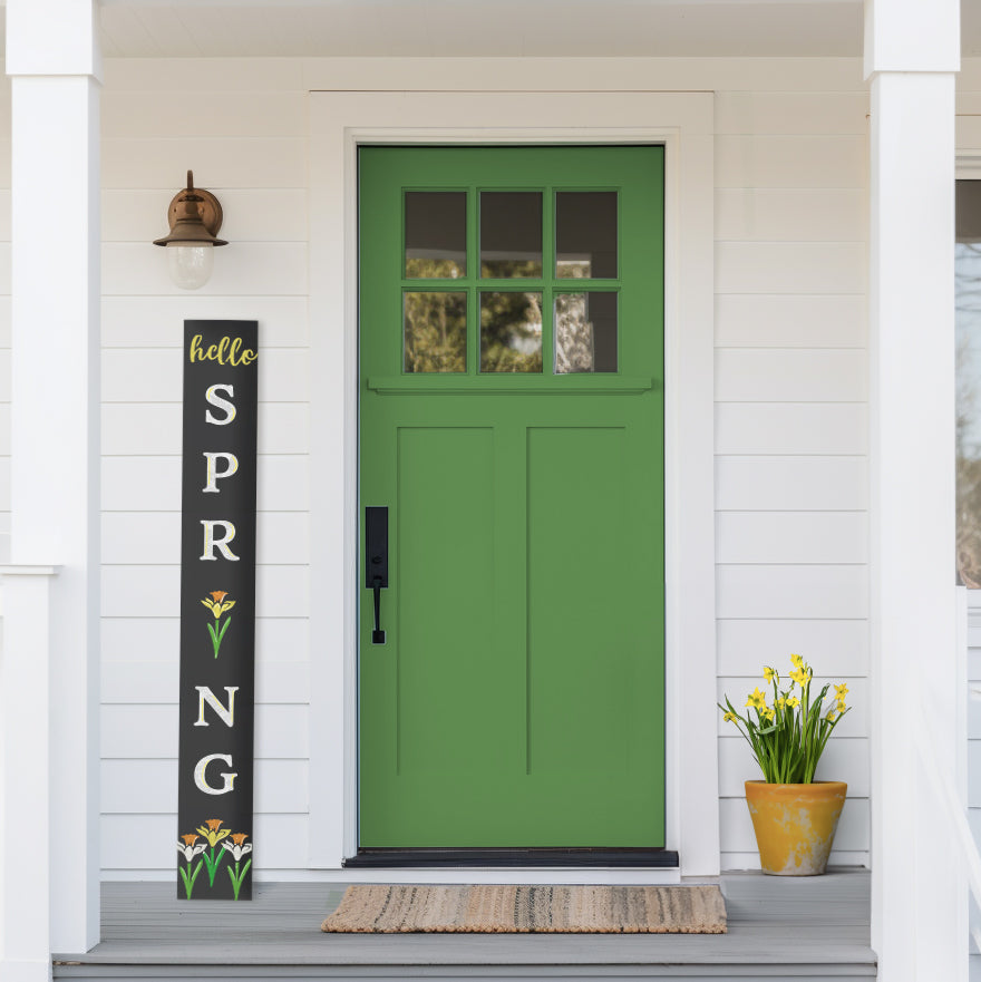 &#39;Hello Spring&#39; Outdoor chalkboard sign with a flower in place of the &#39;I&#39; in spring crafted with magnetic letter stencils and spring flowers stencils to create a vertical spring welcome sign
