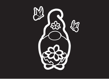 10" Gnome stencil shown holding a flower stencil and surrounded by small and large butterfly stencils for crafting  gnome welcome sign chalkboards