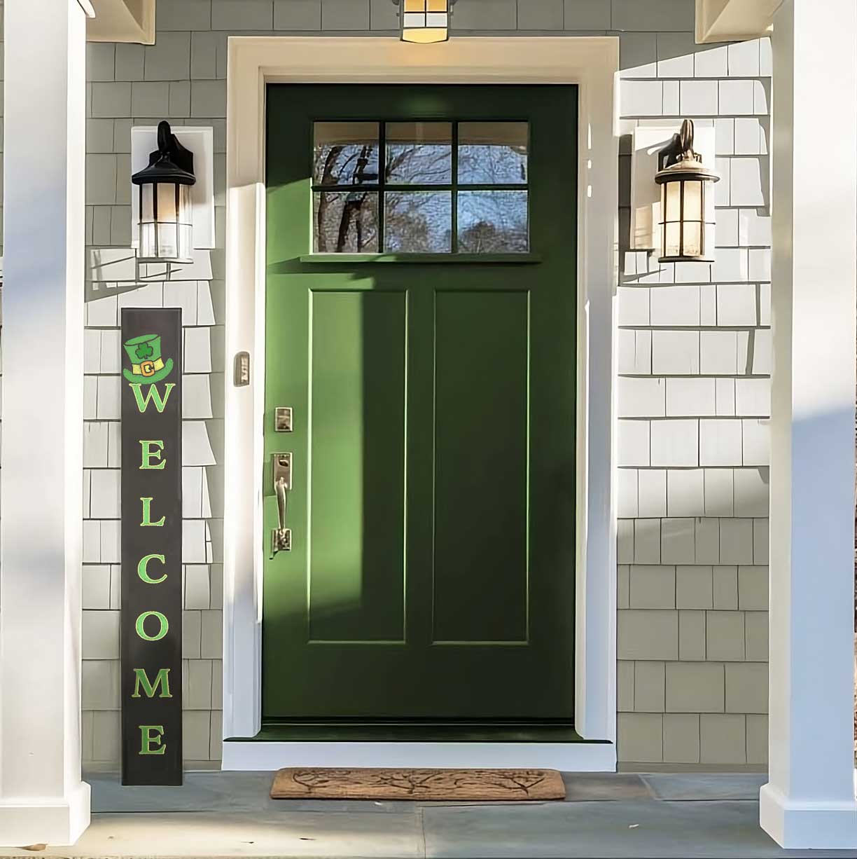 St. Patrick's Day Vertical Welcome Sign Chalkboard Porch Sign with leprechaun hat crafted with chalkboard stencils by Plata Chalkboards