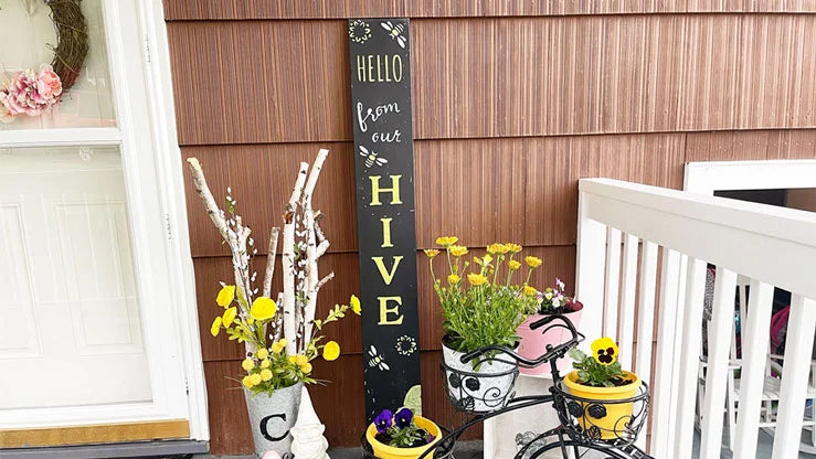 DIY welcome sign crafted with a Plata Chalkboards Porch Chalkboard & Magnetic Letter Craft Kit, porch sign with bees "hello from our hive"