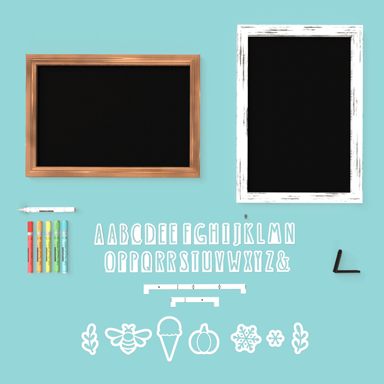 Overview of Plata framed magnetic chalkboard sign DIY sign craft kit- 12" x 17" wood framed chalkboard,  magnetic letter stencils, seasonal chalkboard stencils, 6 chalk markers, chalkboard stand and chalkboard eraser, shown with  farmhouse white frame and rustic pine framed chalkboard
