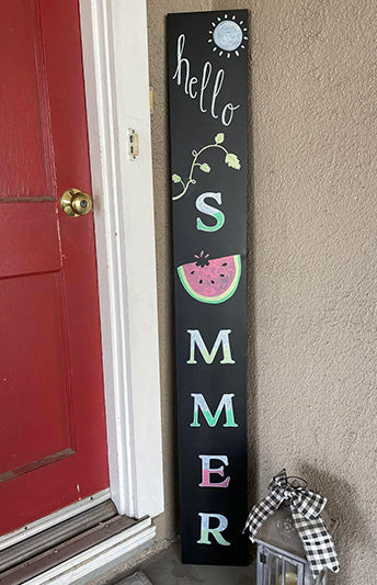 Hello Summer DIY porch sign made from an outdoor chalkboard, letter stencils and painting pens