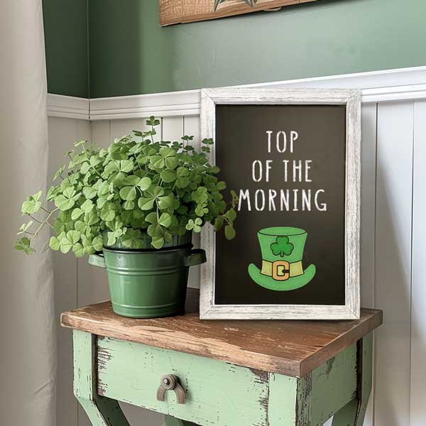 A white framed chalkboard sits on rustic green desk next to a pot of shamrocks, the chalkboard is stenciled 'Top of the Morning" with a leprechaun hat, sign is crafted with magnetic chalkboard letter stencils and leprechaun hat stencil to craft a DIY St. Patrick's Day sign