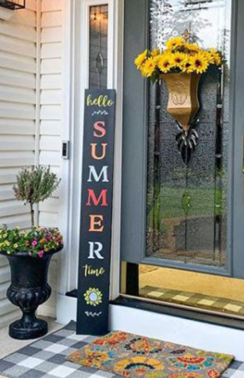 Hello Summer sunflower welcome sign, crafted with reusable stencil letters, sunflower stencil and chalkboard markers