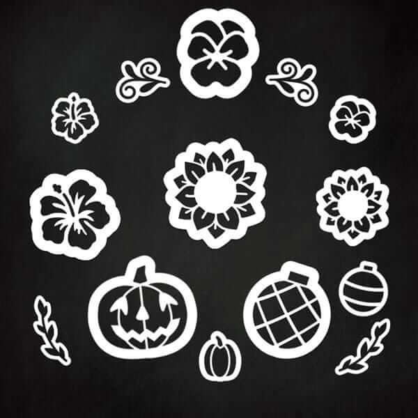 Four season chalkboard stencils for signs, spring pansy stencils, summer sunflower stencils, fall jack o lantern sign