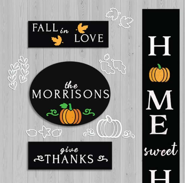 4 Plata Chalkboards Craft Kits completed and decorated for fall with Plata Fall Chalkboard Stencils. Fall in love hanging chalkboard sign, Give Thanks wreath sign, Home sweet Home Vertical Porch Sign and Plata Oval Chalkboard personalized last name sign