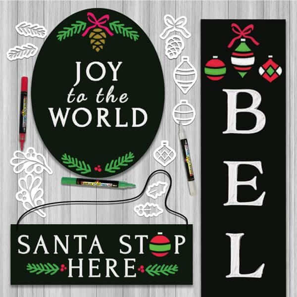 3 Plata Chalkboard stenciled for Christmas with Plata Christmas Chalkboard Stencils Oval Joy to the World Chalkboard, Santa Stop Here Hanging Chalkboard sign and Believe Vertical Porch Chalkboard 