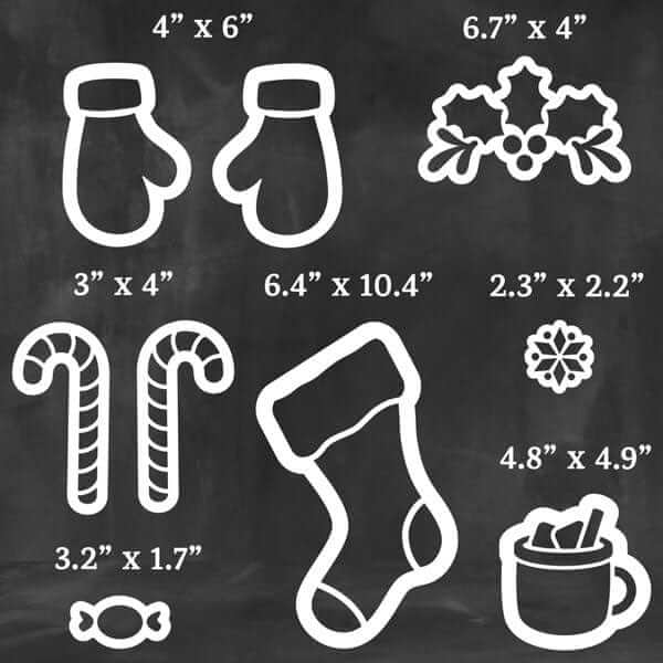 Plata Chalkboard Christmas stencil set, 4&quot; mitten stencils, 6&quot; holly bough stencil, 4&quot; candy cane stencils, 6&quot; Christmas stocking stencil, 5&quot; Cocoa Mug Stencil, 3&quot; candy stencil for coloring Christmas signs