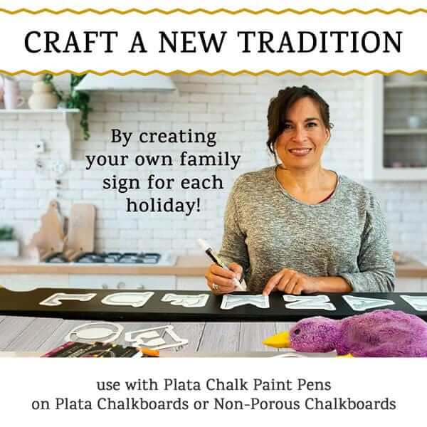Woman making a tall welcome front door sign from chalkboard craft blank and large letter stencils for chalkboards