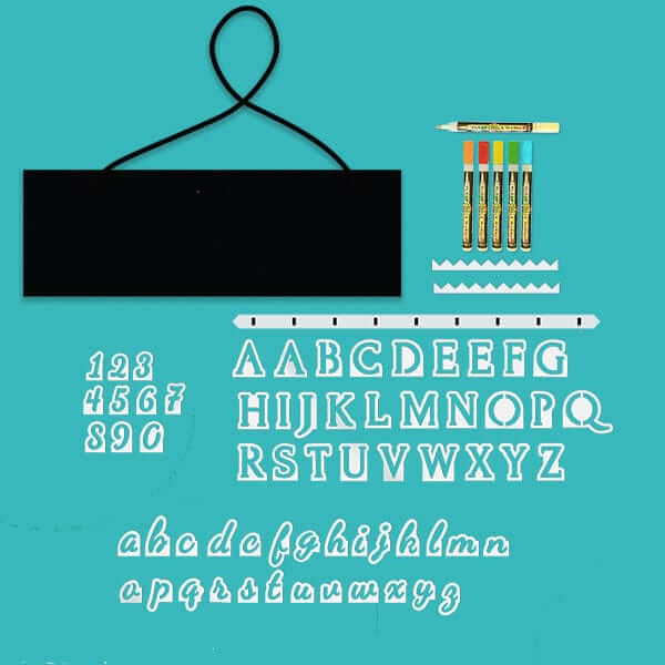 Hanging chalkboard welcome sign kit: Includes 15" x 5" chalkboard, capital letter stencils, cursive letter stencils, 6 chalk paint pens for easy DIY welcome signs