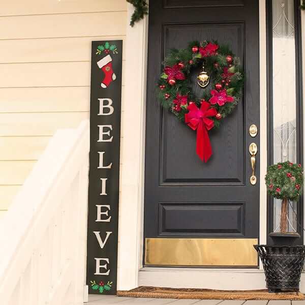 Believe Christmas Porch Chalkboard Sign made with magnetic letter chalkboard stencils and Christmas stencils for chalkboards