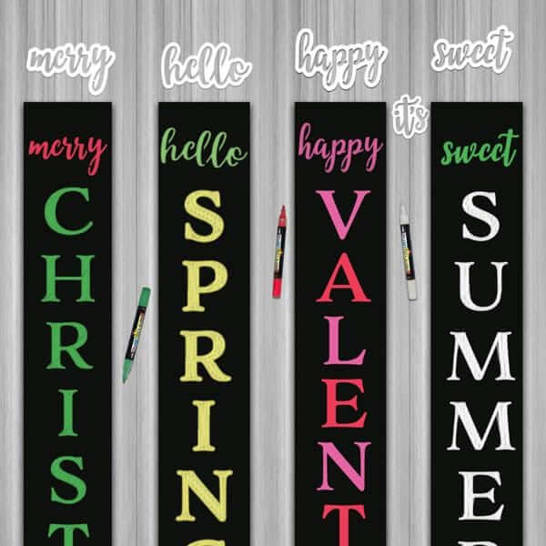 4 vertical outdoor chalkboards crafted with magnetic word stencils.  Merry Christmas Vertical Door Sign, Hello Spring Vertical Door Sign, Happy Valentine&#39;s Day Vertical Door Sign and Sweet Summertime Vertical Door Sign