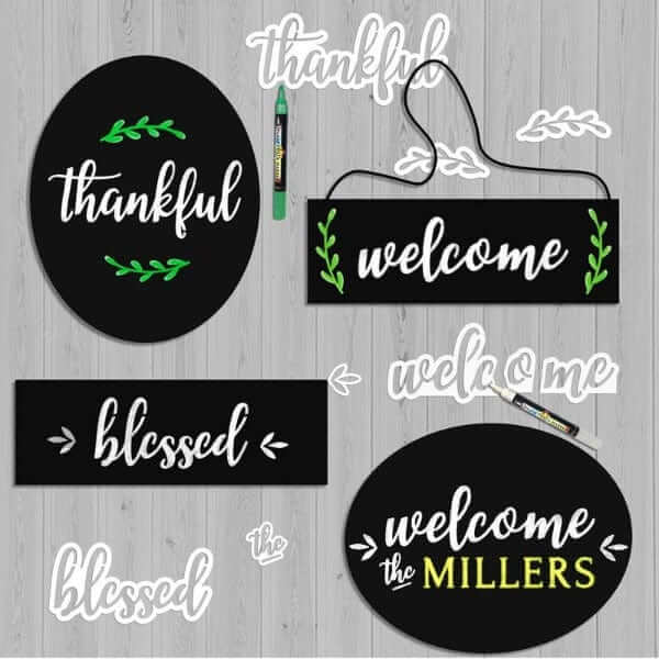 4 chalkboards stenciled with Plata Magnetic Calligraphy stencils. Welcome stencil, thankful stencil, blessed stencil, laurel stencils magnetic stencils for chalkboards