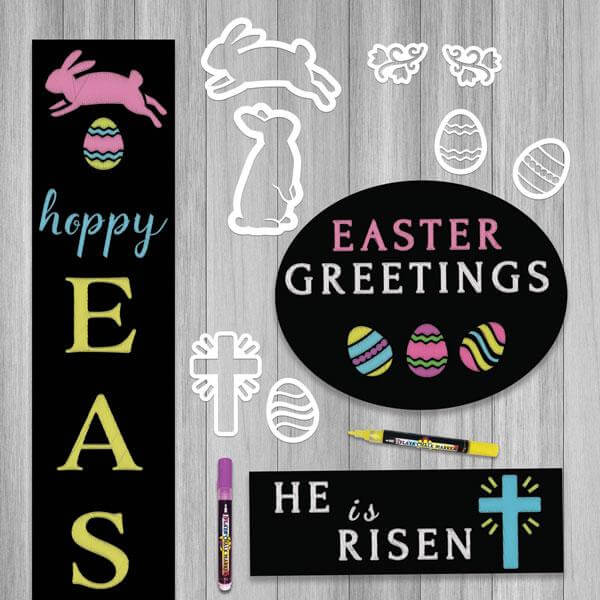 A Collection of Plata Outdoor Chalkboards stenciled for Easter and Plata Easter Stencils for Chalkboards. Hoppy Easter Tall Porch Sign Chalkboard, He is Risen Hanging Chalkboard Sign for Wreaths, Easter Greetings Oval Chalkboard, all crafted for Easter with Plata Chalkboard Easter Stencils