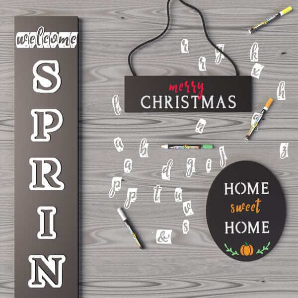 Collection of holiday chalkboards crafted with chalkboard stencils. Welcome spring chalkboard, Merry Christmas Chalkboard, Home Sweet Home Chalkboard sign made with Plata Chalkboards magnetic stencil lettering kit.